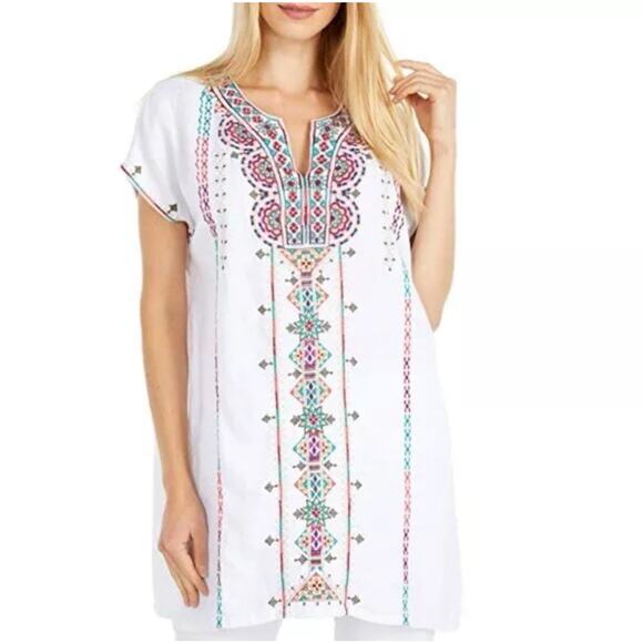 Johnny Was Verena Linen Easy Yoke Embroidered Floral White Tunic Top Size Small - Picture 1 of 9